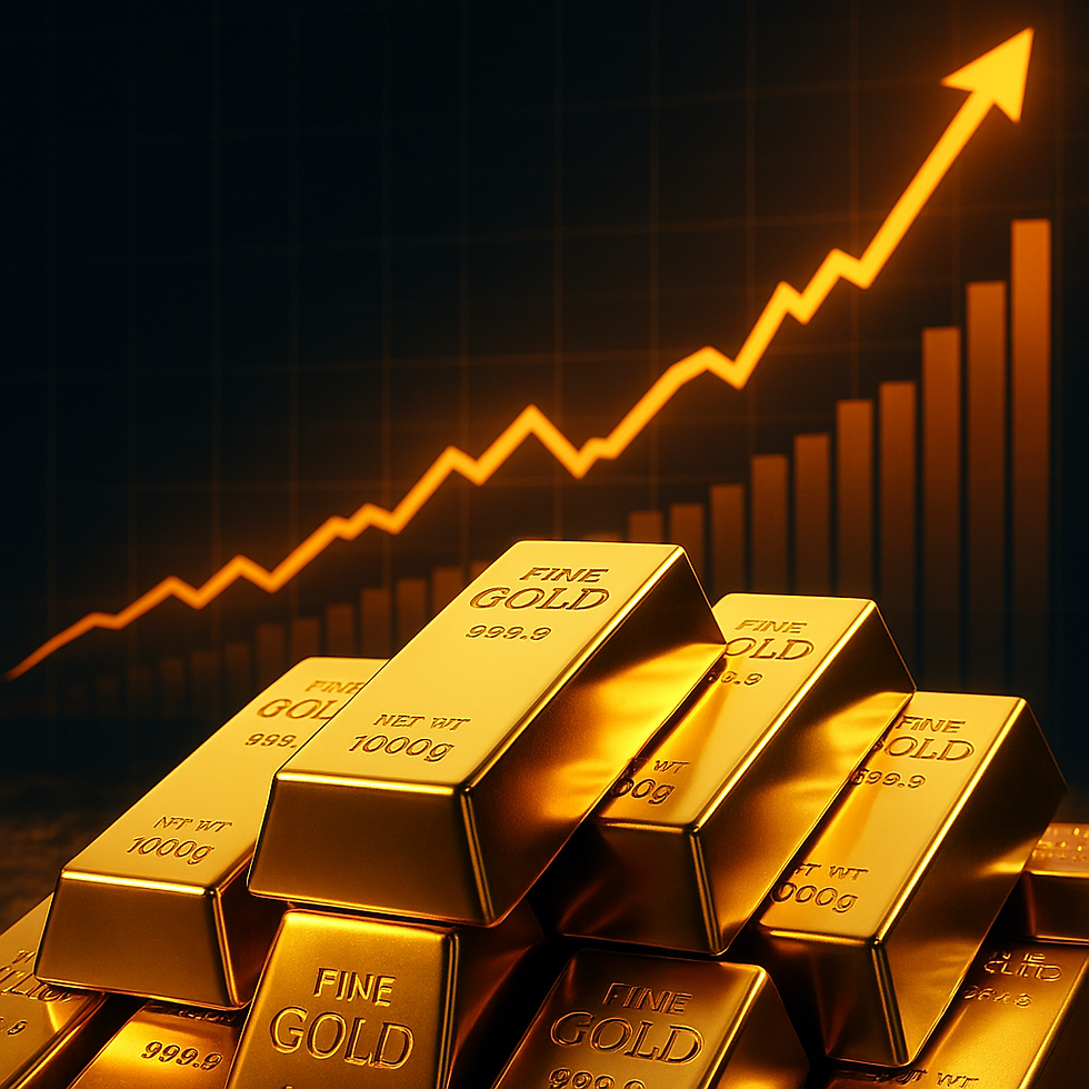 Symbolbild mit glänzenden Goldbarren und aufwärts zeigendem Chart – steht für den historischen Anstieg des Goldpreises 2025