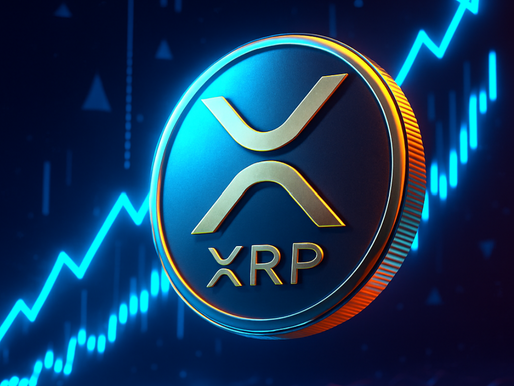 3D-Darstellung eines dynamischen XRP-Tokens mit leuchtenden Linien und Chartsymbolen im Hintergrund, Symbol für Aufwärtstrend