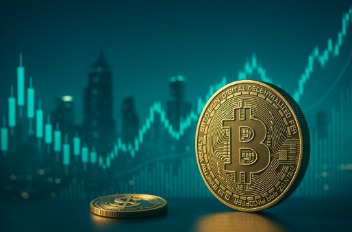 Futuristische 3D-Illustration eines digitalen Finanzsystems mit Bitcoin-Symbolen und Stablecoin-Elementen, symbolisiert den Einfluss von Blackrock und der US-Regulierung auf die weltweite Krypto-Adoption.