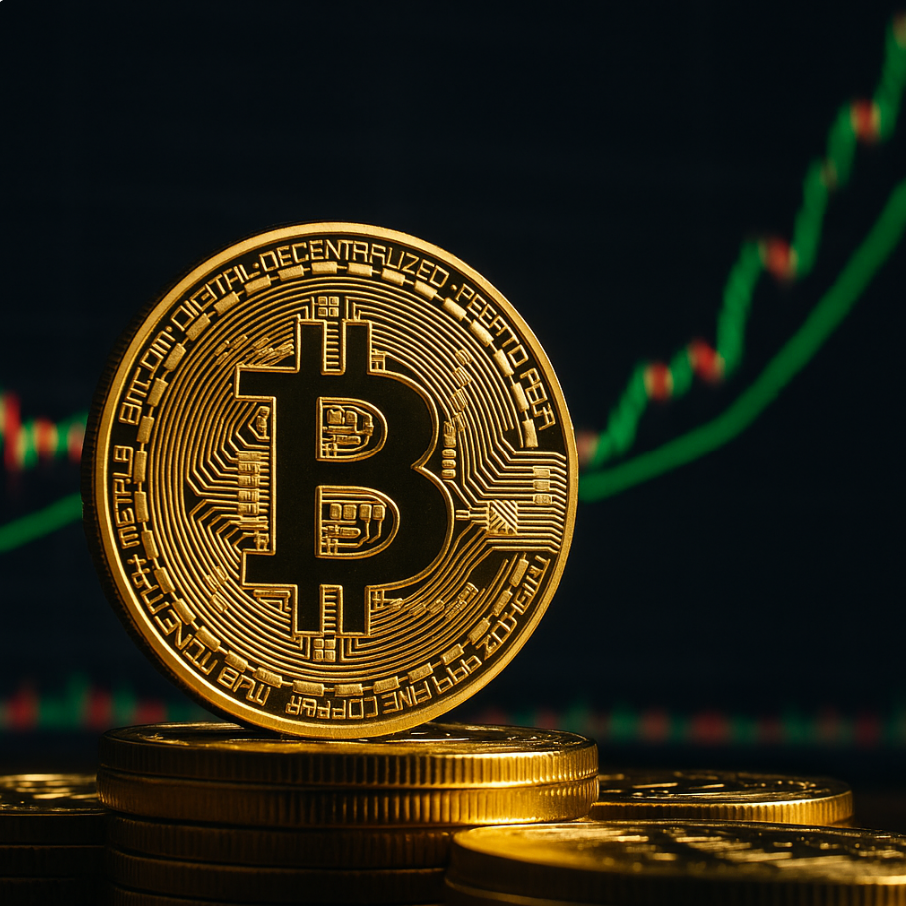 Goldene Bitcoin-Münze vor Kurschart mit grün-roten Kerzen und deutlichem Aufwärtstrend