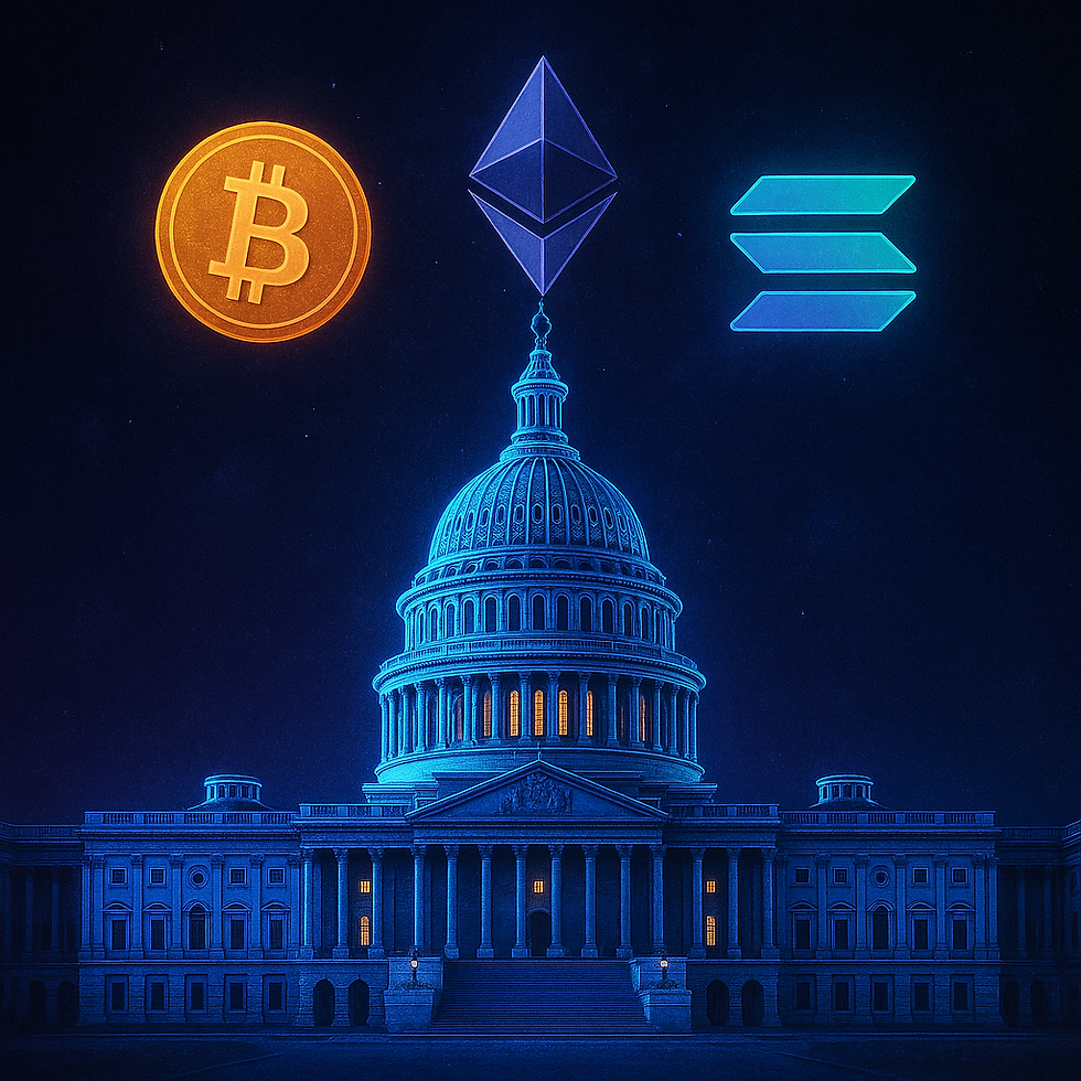 Das US-Kapitol als Symbol für regulatorischen Krypto-Vorstoß – animierte Kryptosymbole schweben im Vordergrund