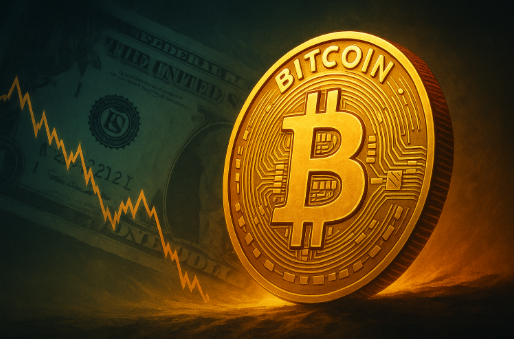 Digitale Darstellung eines goldenen Bitcoin-Coins vor einem schwachen US-Dollar-Hintergrund, Symbol für Aufschwung bei Bitcoin und fallenden Dollar