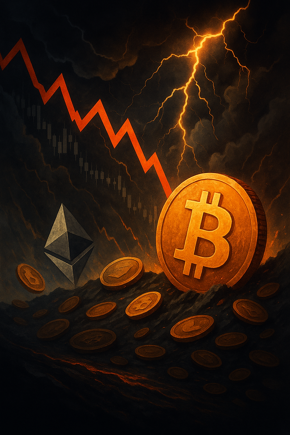 Symbolbild für fallende Kryptowährungen mit Bitcoin-Logo und dramatischem Hintergrund – Darstellung des Marktabsturzes im Juni 2025