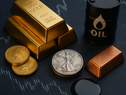 Grafische Darstellung verschiedener Rohstoffe mit Kursdiagrammen, stellvertretend für die Entwicklung von Gold, Silber, Öl und Co.