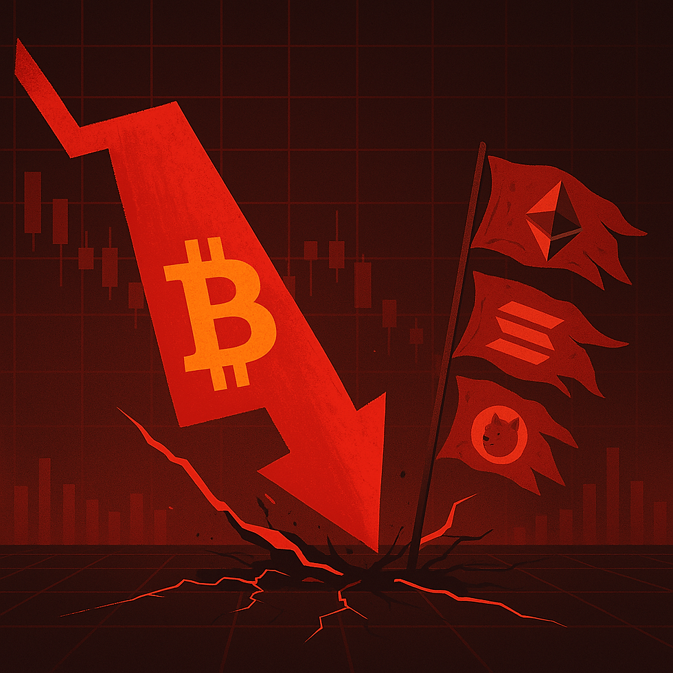 Symbolbild für Bitcoin-Kursrückgang mit fallender Kerze und panischen Altcoin-Logos im Hintergrund