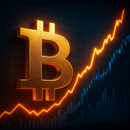 Symbolbild mit Bitcoin-Logo und steigenden Kursdiagrammen, stellvertretend für den neuen Höhenflug.