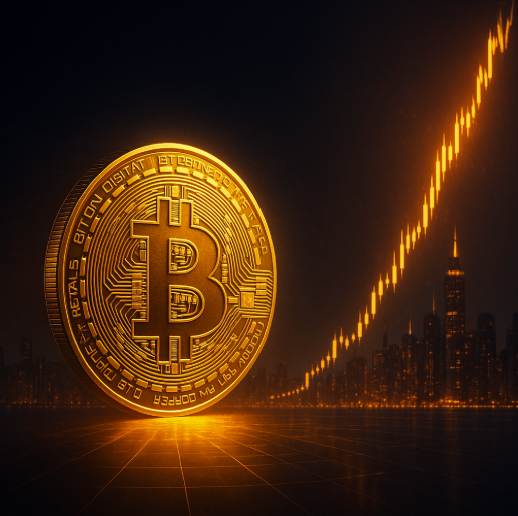 Bitcoin-Visualisierung mit Kurschart und futuristischer Skyline – symbolisiert Kursanstieg auf 1 Million Dollar.