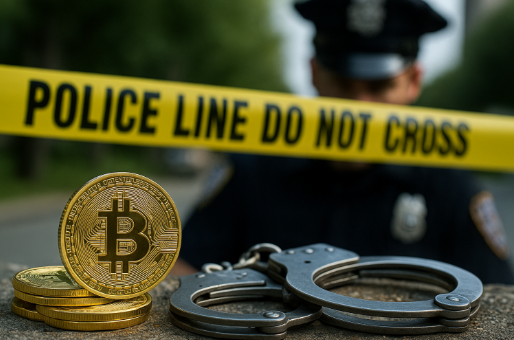 Symbolbild mit Handschellen, Bitcoin-Münzen und Polizeiabsperrung – steht für internationalen Krypto-Betrug und Verhaftungen