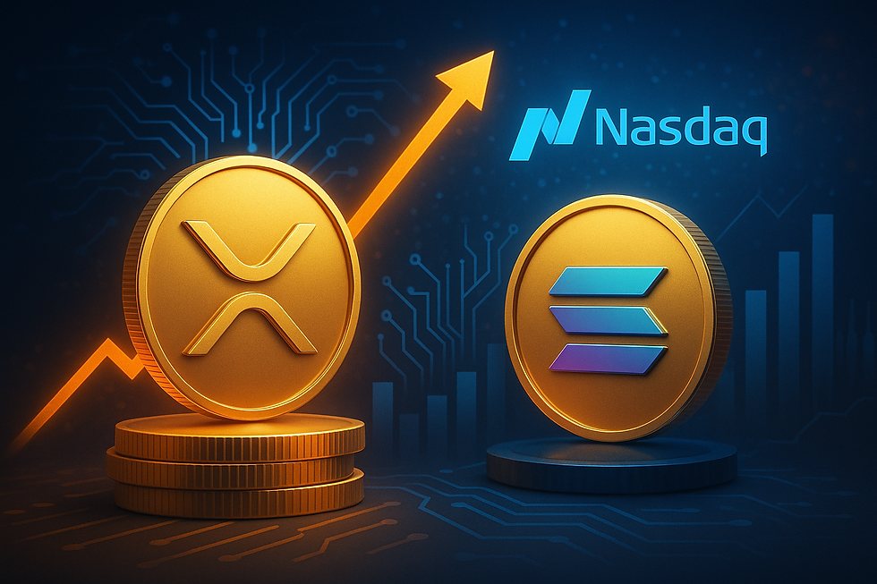 Symbolisches Bild zur geplanten Aufnahme von XRP und Solana in den Nasdaq-Krypto-Index – zeigt Zukunft der Altcoin-Integration im institutionellen Markt.
