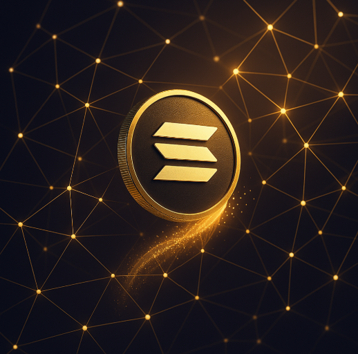 Symbolbild für JitoSOL: Solana-Token wird digital in einen transparenten Liquiditätsstrom transformiert – dargestellt als Netzwerk aus goldenen Verbindungen.