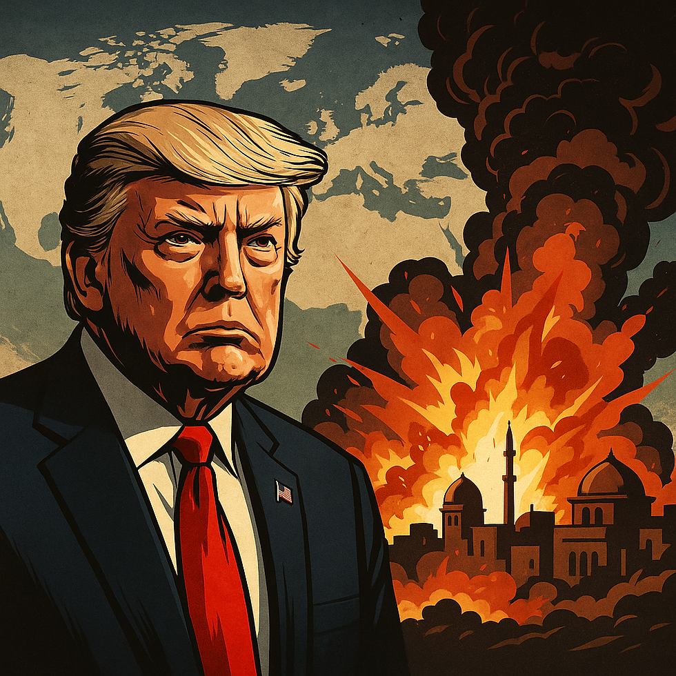 Digitales Bild zeigt Donald Trump vor symbolischer Explosion in Nahost – Darstellung der US-Luftschläge gegen iranische Atomanlagen