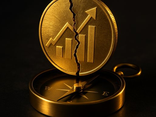 Goldene Münze mit Riss auf dunklem Untergrund, umgeben von schimmernden Preiskurven – Symbol für Unsicherheit und Wendepunkt im Goldmarkt.