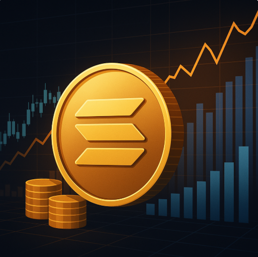 Grafik mit goldenem Solana-Logo und DEX-Diagrammen, visualisiert Aggregator-Volumen und Netzwerkaktivität – Symbolbild für Solanas Infrastrukturstärke.