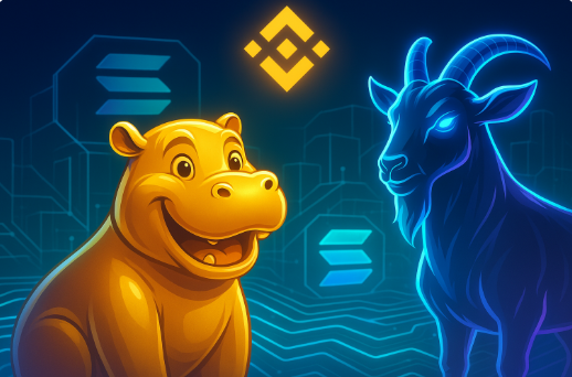 Künstlerische Darstellung von zwei symbolischen Memecoins (Nilpferd und Ziege) auf Solana-Struktur mit futuristischem Binance-Hintergrund