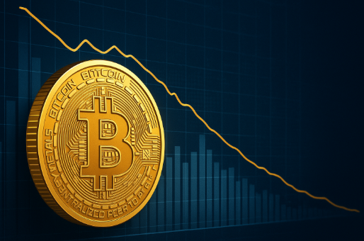 Goldene Bitcoin-Münze vor Chart mit sinkender Volatilität – Symbol für zunehmende Marktstabilität und Akzeptanz.