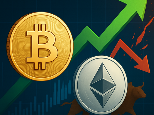 Bitcoin-Kerzenchart mit Widerstandszone bei 107.000 USD, während Ethereum im unteren Kanalbereich konsolidiert – Symbolbild für unterschiedliche Chartmuster.