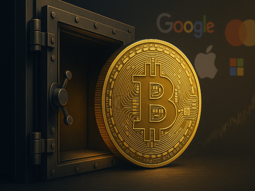 Bitcoin liegt symbolisch in einem Tresor, umgeben von globalen Unternehmen und Charts als Symbol für institutionelle Investitionen