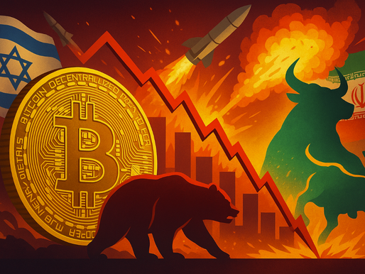 Bitcoin-Münze mit fallendem Kurschart und geopolitischen Symbolen – daneben bullische Symbole wie grüne Kerze oder Feuerwerk