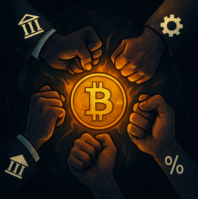 Symbolbild: Vier Hände greifen nach Bitcoin, stellvertretend für Einflussfaktoren wie Wale, Regulierung, Makrodaten und Entwicklerkraft