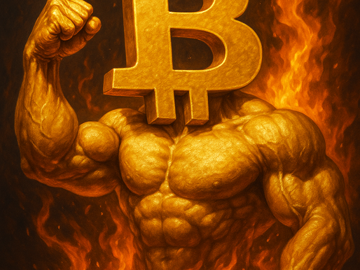 Goldener, muskulöser Bitcoin-Symbol-Charakter vor lodernden Flammen – Symbolbild für den bullischen Superzyklus 2025