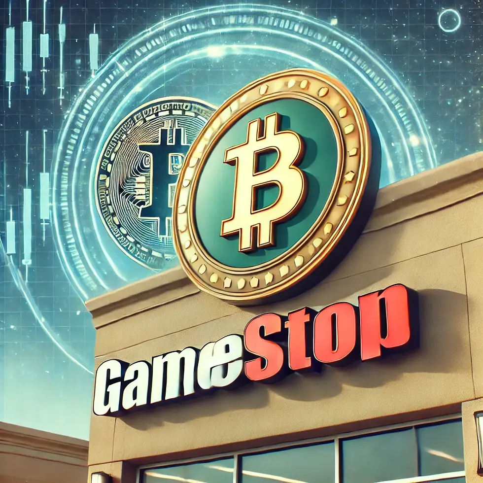 GameStop-Logo mit Bitcoin-Symbol im Hintergrund – symbolisiert die neue Krypto-Strategie des Unternehmens.