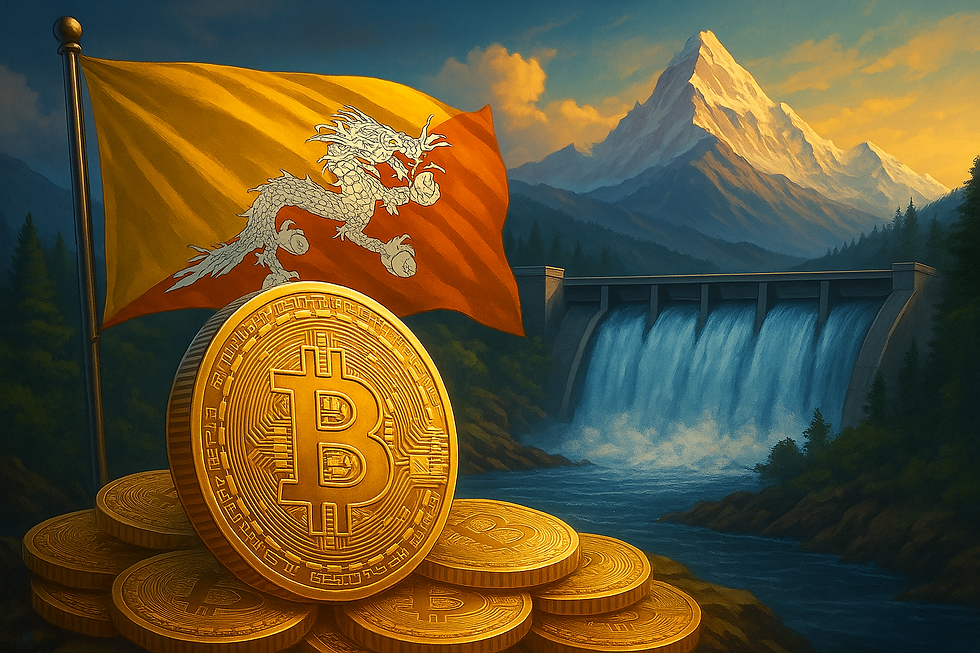 Symbolbild mit Bhutan-Flagge, glänzenden Bitcoin-Münzen und Wasserkraftwerk im Hintergrund – repräsentiert Bhutans Strategie mit BTC