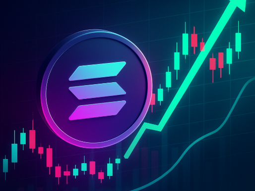 Symbolbild mit Solana-Logo, dynamischen Charts und steigenden Kurven, symbolisiert den aktuellen Kursausbruch.