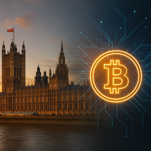 Symbolbild für britische Krypto-Regulierung mit Westminster und digitalem Netzwerk