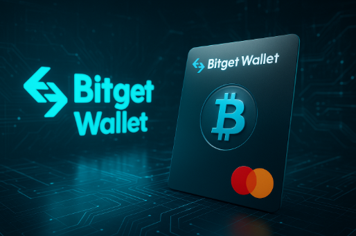 Symbolbild mit Bitget Wallet Logo, Mastercard Logo und digitaler Krypto-Karte in einer futuristischen, technikorientierten Darstellung – steht für die neue Partnerschaft und die selbstverwahrte Krypto-Zahlungslösung.