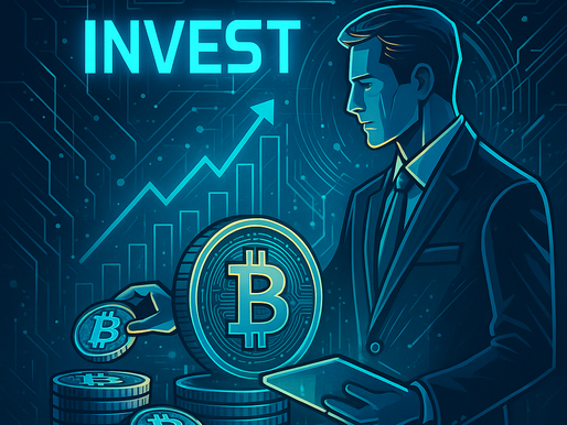 Digitale Illustration eines Geschäftsmannes in Anzug, der mit futuristischer Technik Bitcoin kauft; im Hintergrund leuchten goldene BTC-Symbole und Kursdiagramme – symbolisiert das institutionelle Investment in Bitcoin durch Strategy und Metaplanet.