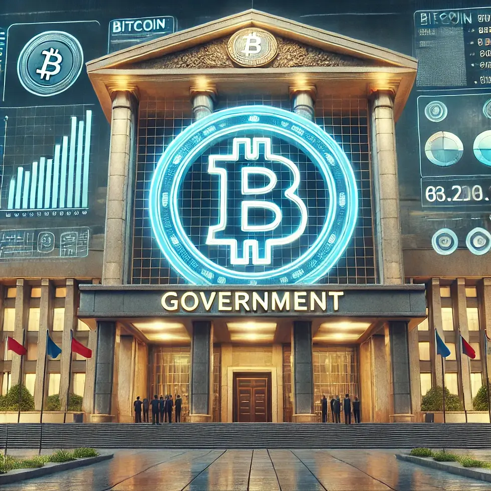 Ein modernes, futuristisches Regierungsgebäude mit einem großen Bitcoin-Symbol auf der Fassade. Digitale Bildschirme zeigen Kryptowährungskurse und Finanzdaten, die eine Verbindung zwischen traditioneller Finanzwelt und digitalen Währungen symbolisieren.