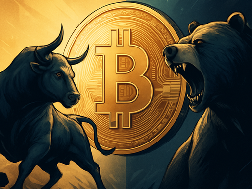 Illustration eines Bitcoin-Coins mit Bulle und Bär – symbolisiert Kursentscheidung