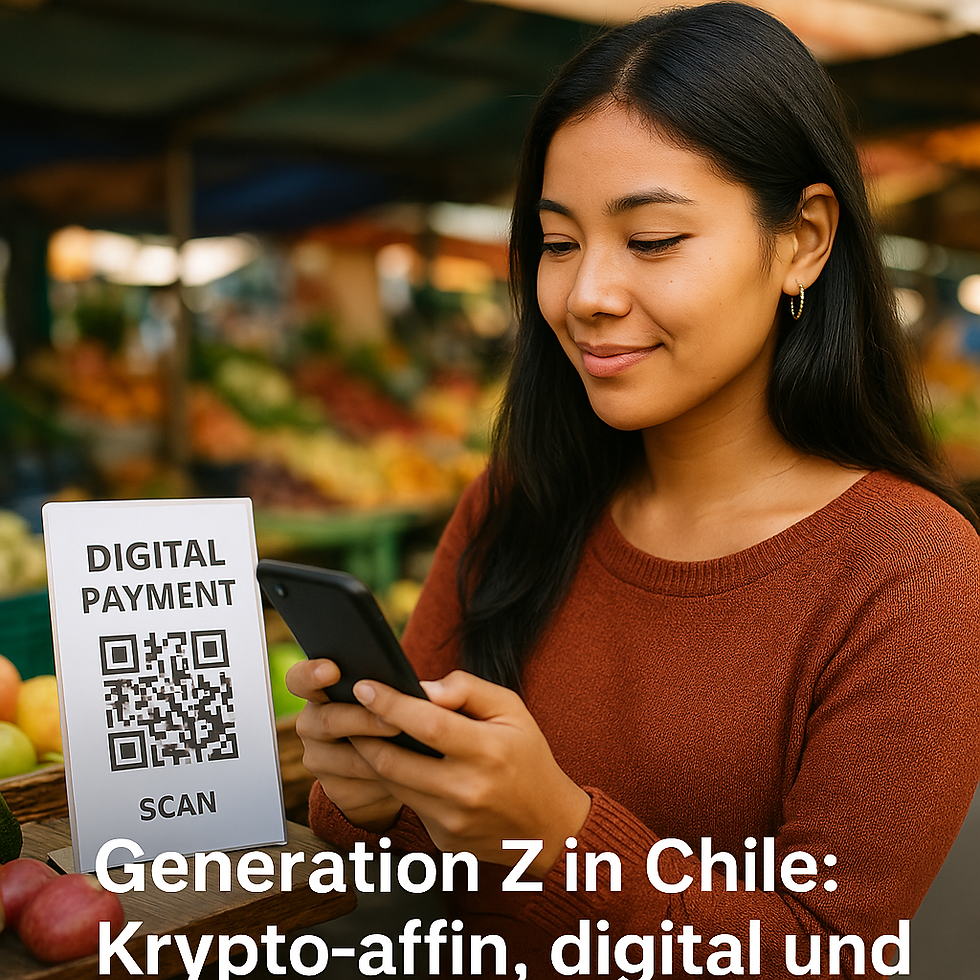 Junge Chilenerin nutzt digitales Zahlungssystem auf dem Wochenmarkt – Symbol für den Wandel der Gen Z zu Krypto- und Echtzeitlösungen.