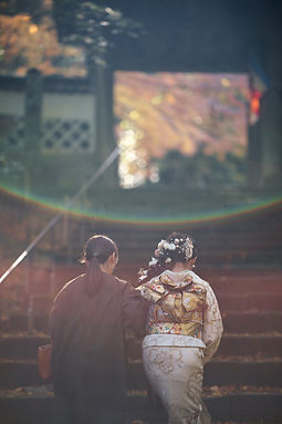 光の中で石段を上る和装のカップル