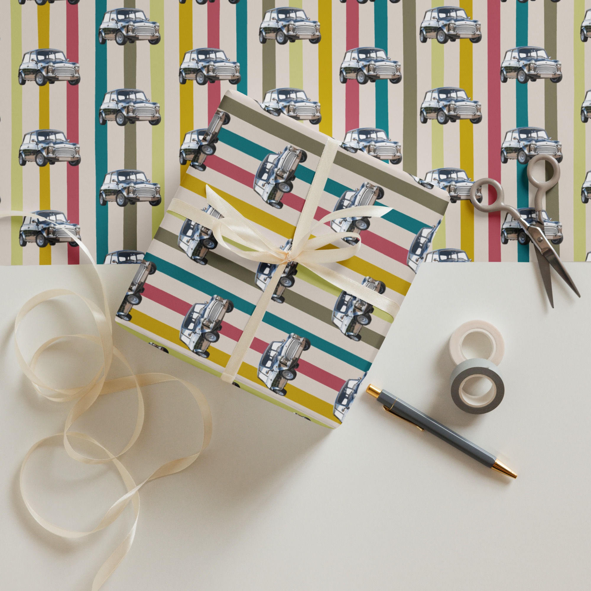 OnSet Classics little car stripey wrapping paper sheets