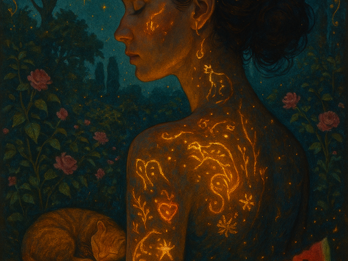A surreal digital painting of a lone woman standing in a dreamlike garden at twilight. The landscape glows with warm, dusky colors—burnt orange, faded gold, and soft violet. Ethereal shapes float around her: a sleeping cat curled on a stone bench, a half-cut watermelon on a table, distant stars twinkling above. Ghostlike traces of laughter and memory shimmer in the air. The woman presses her hand gently against her chest