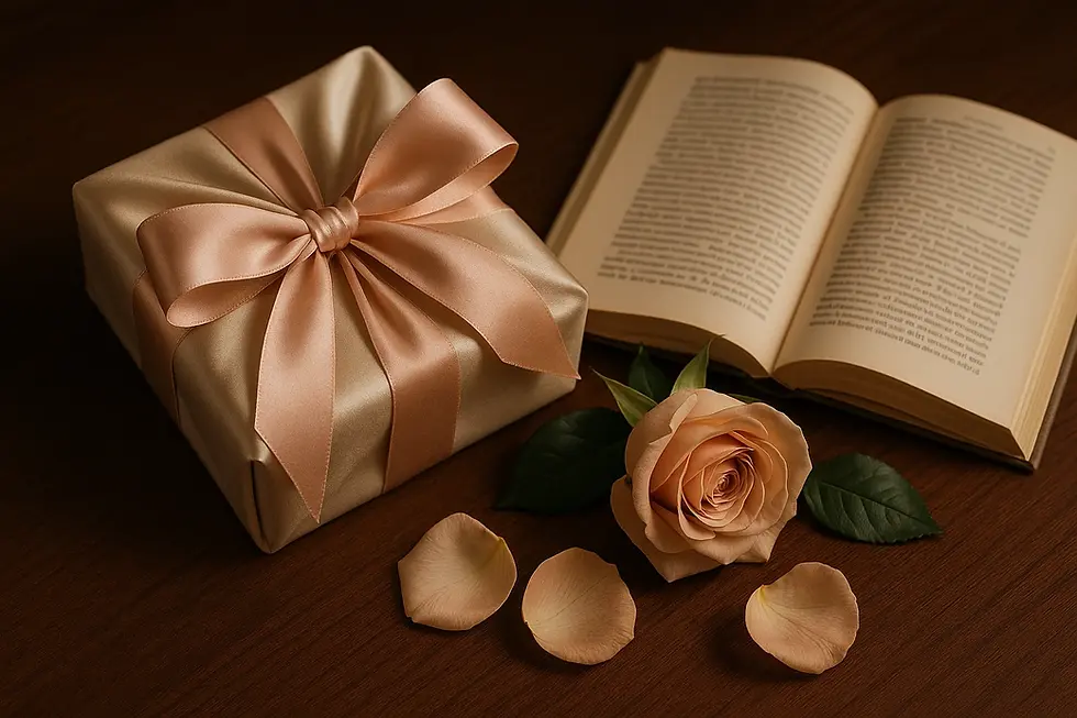 Luxury still life with a silk-wrapped gift tied in a blush ribbon, an open book, and a single peach rose with scattered petals on a polished wooden table, evoking intimacy, refinement, and the courtesan’s tradition of gifts
