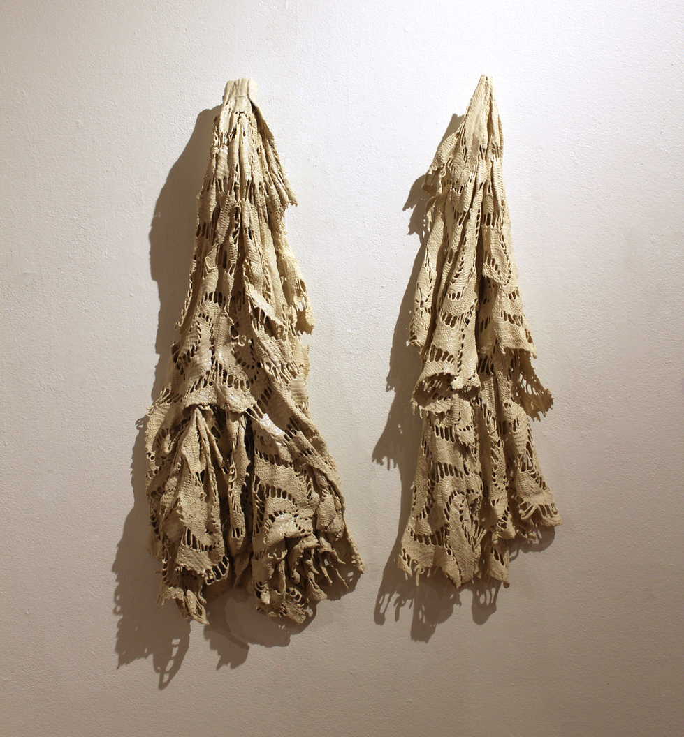 Heavy is The Hand, crocheted cotton tablecloth, ceramic slip, clear glaze, 48x36x2 in, 2025