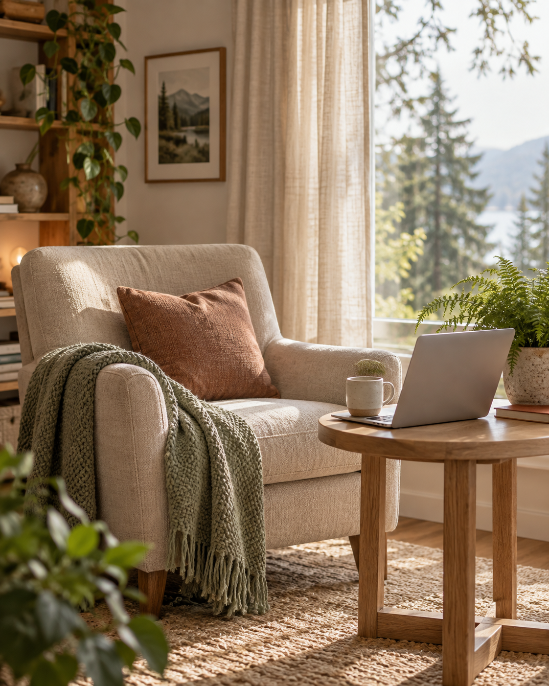 A comfortable chair and laptop beside a sunlit window