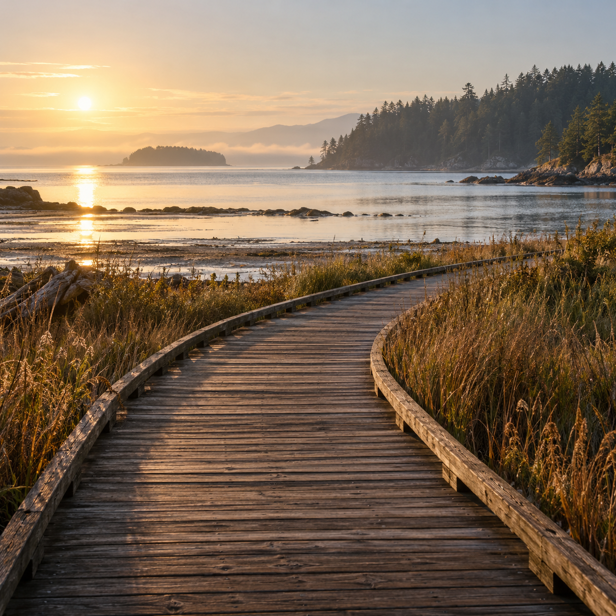 A cedar boardwalk beside a tranquil Washington shoreline at sunrise