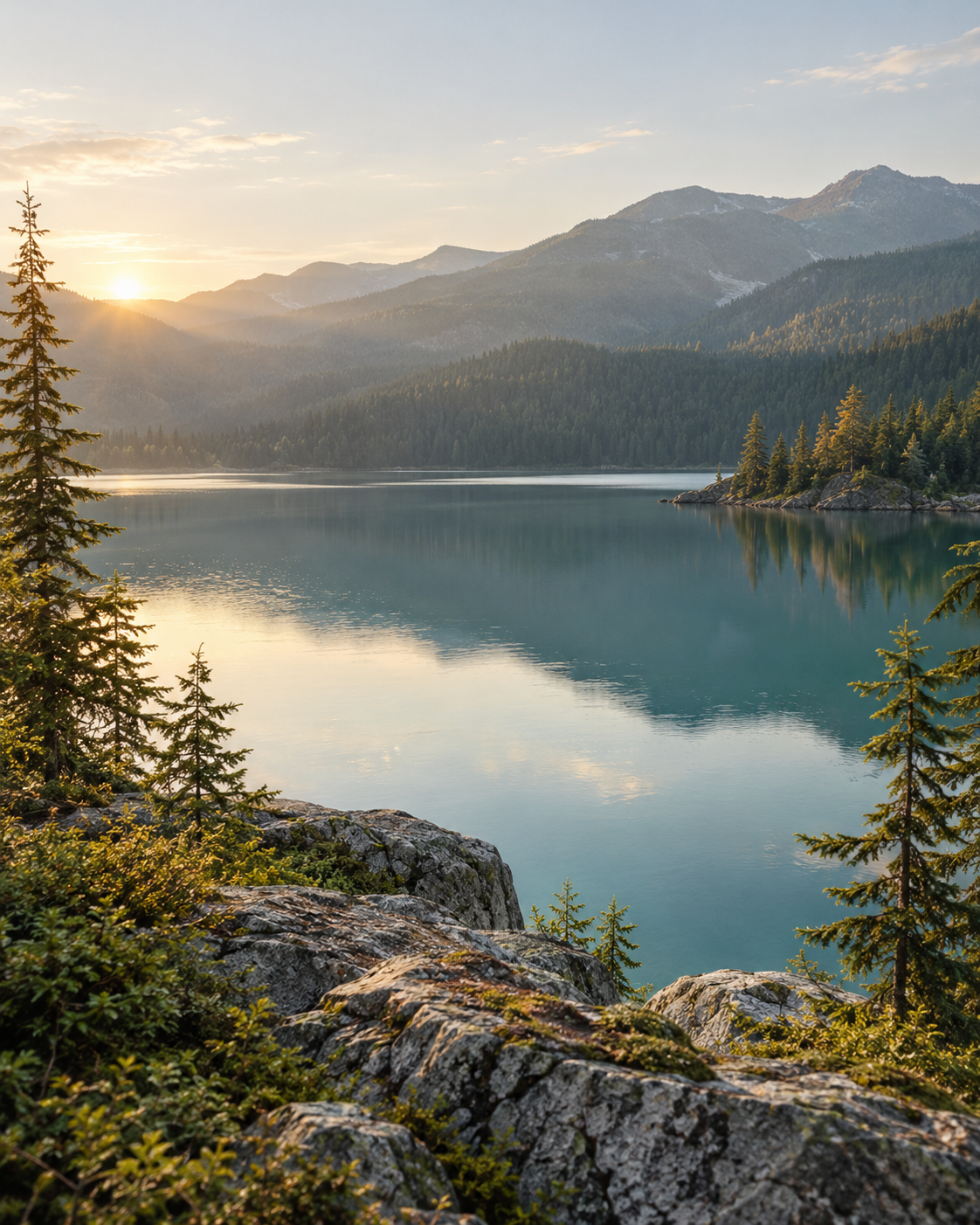 A still alpine lake framed by evergreens in soft morning light