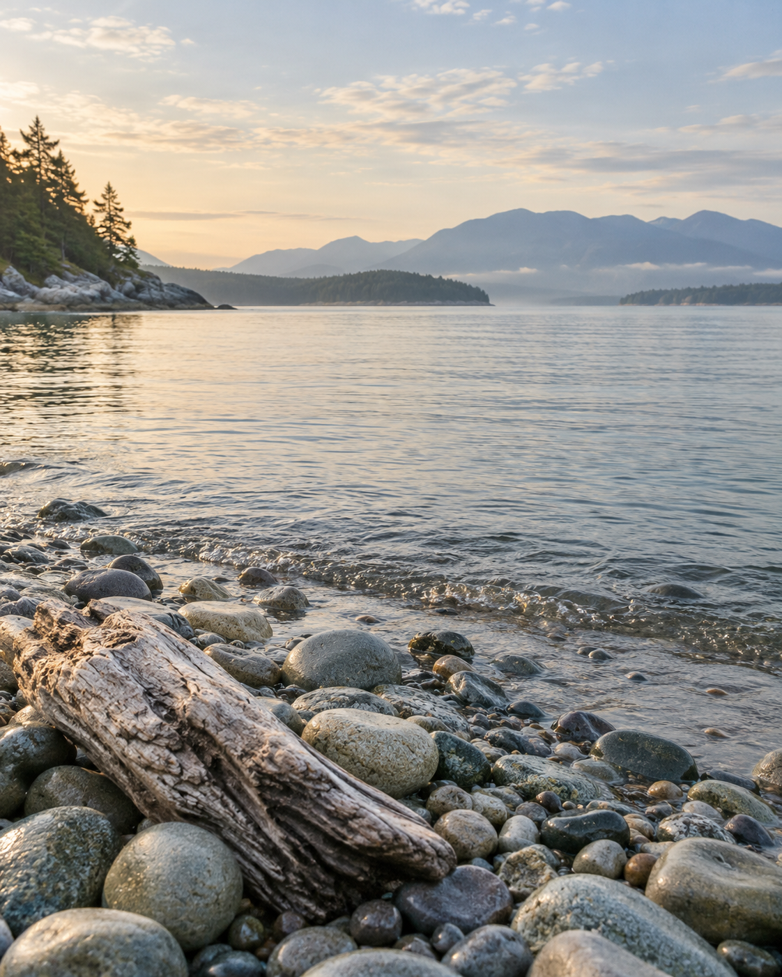 A quiet Washington-inspired shoreline with distant mountains
