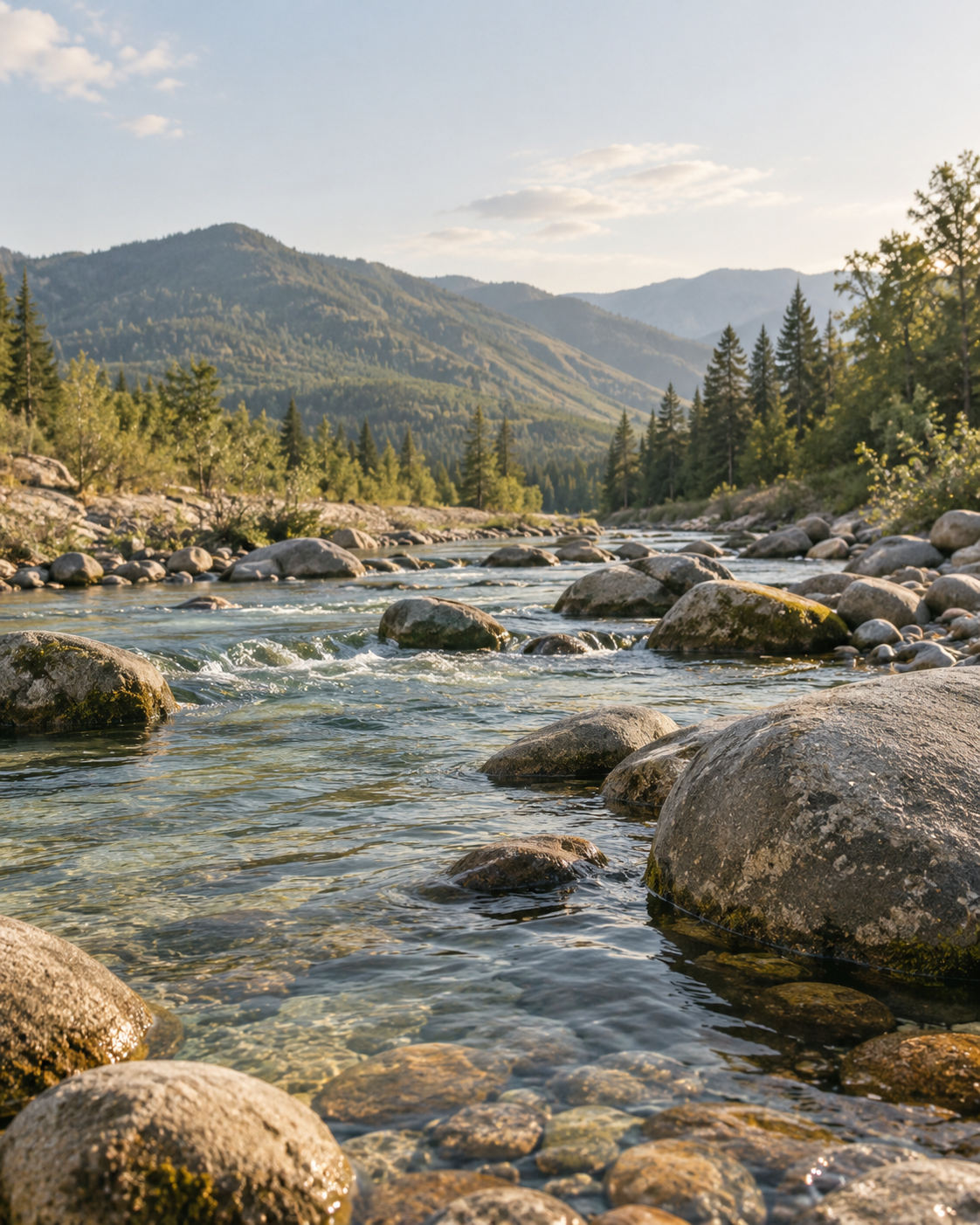 A gentle river flowing around smooth stones in an evergreen valley
