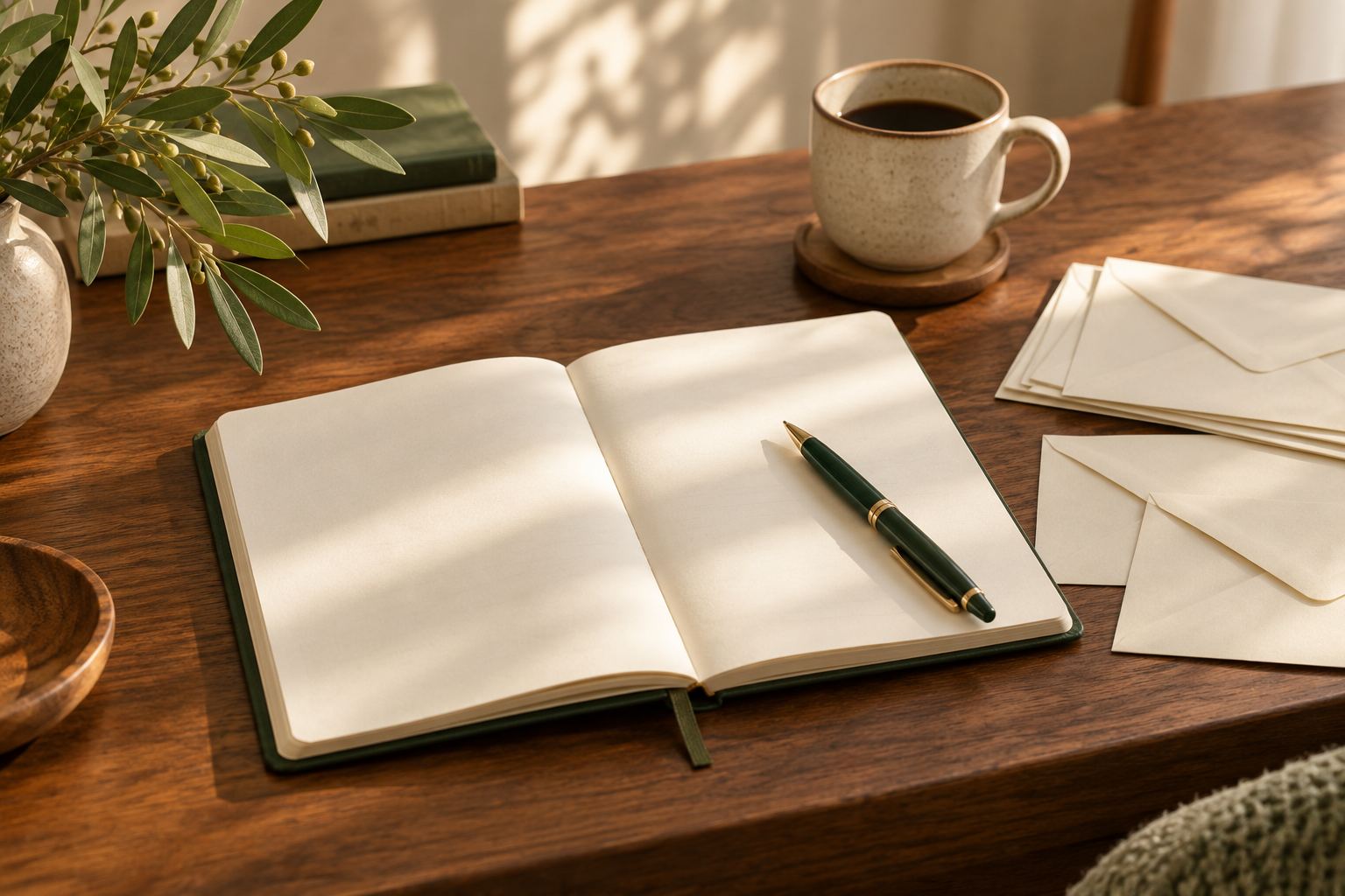 A notebook, pen, and envelopes arranged on a warm wooden desk
