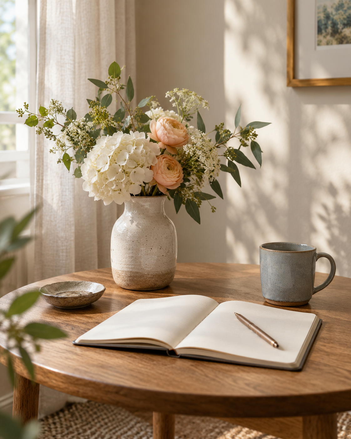 A blank journal and pen beside a vase of pale flowers