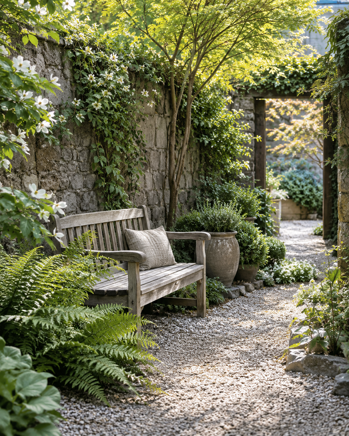A wooden bench in a leafy garden courtyard