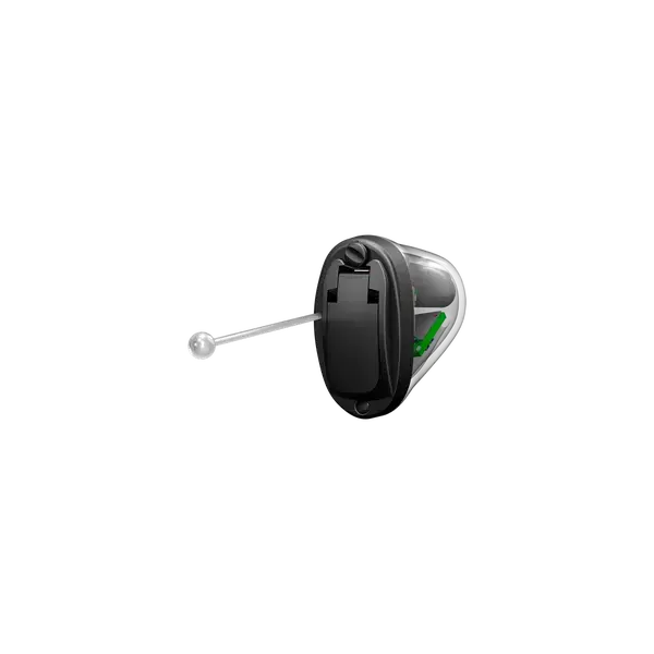 Oticon_Own_SI_IIC_Right_TranspShell_C005BlackFP_Angled_1200x1200px_Original file