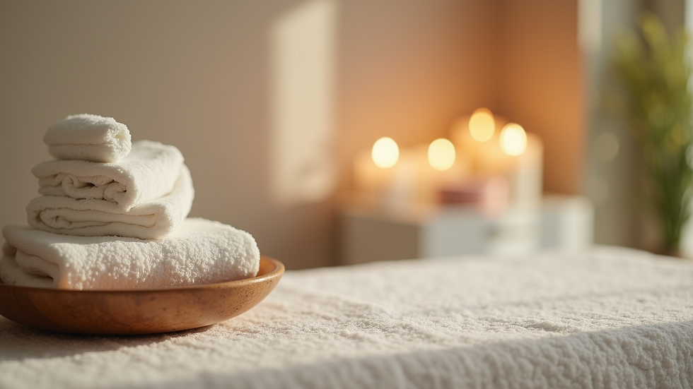 Close-up view of a relaxing treatment area with calming elements