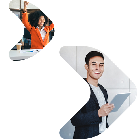 Young professionals in office settings, celebrating