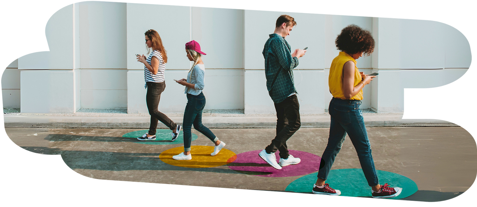 Individuals casually in phone on color circles